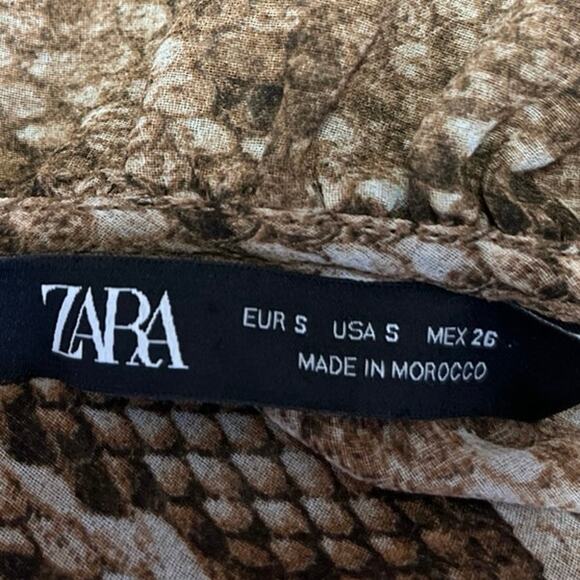 Zara Brown Animal Snake Print Long Sleeve Ruffle Cropped Blouse Top Size S - Picture 5 of 5